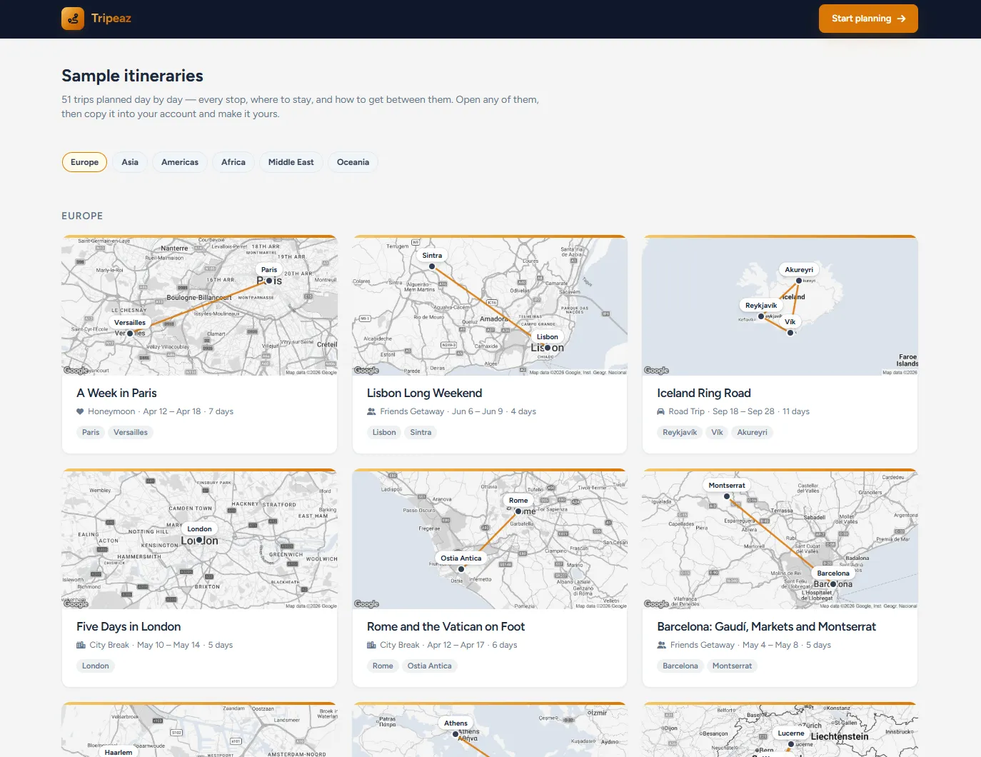 The sample itineraries library: a grid of trips filterable by region, each card showing a route map, dates, duration and trip type.