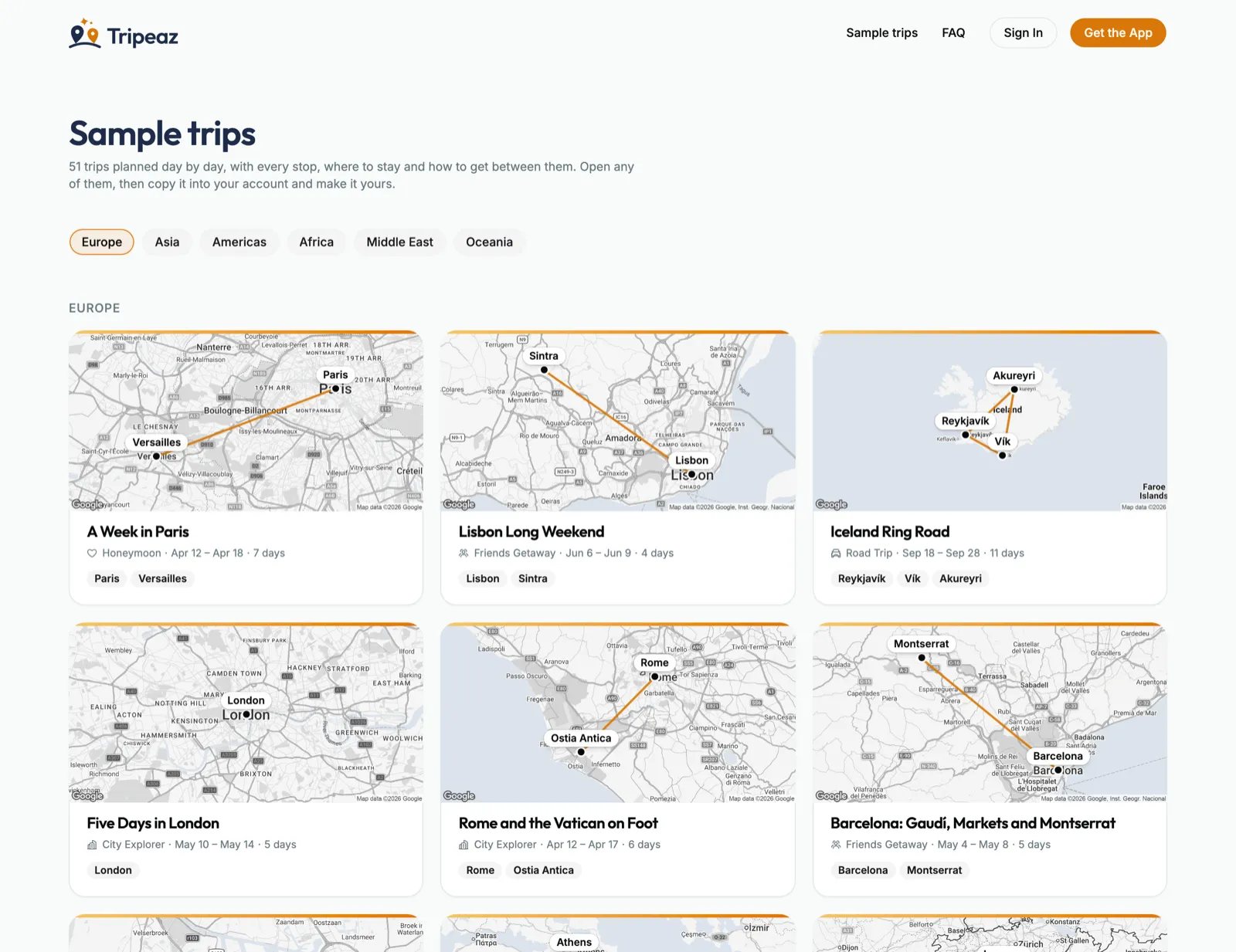 The Sample trips library in the refreshed brand: 51 trips filterable by region, each card showing a route map, dates, duration and trip type.