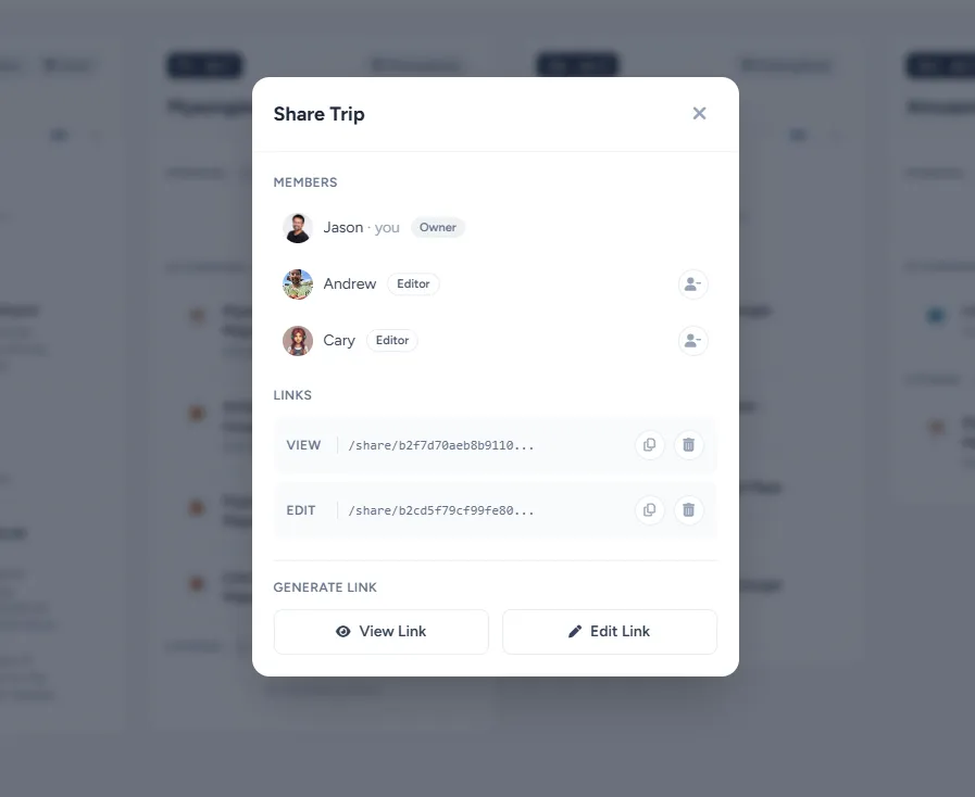 The Share Trip modal: members listed with owner and editor roles, plus separate view and edit links for inviting others.